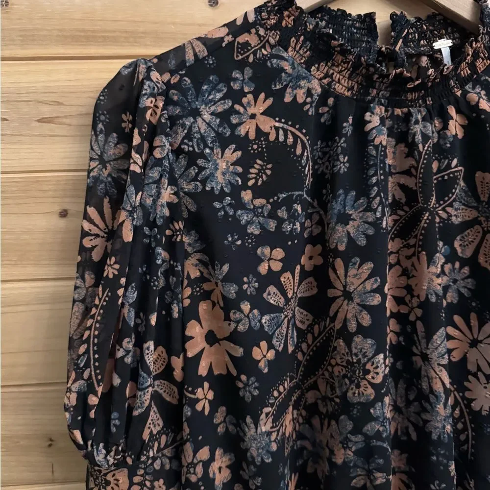 Free People Sz XSmall Clarissa Floral Printed Puff Sleeve Cropped Blouse Revolve